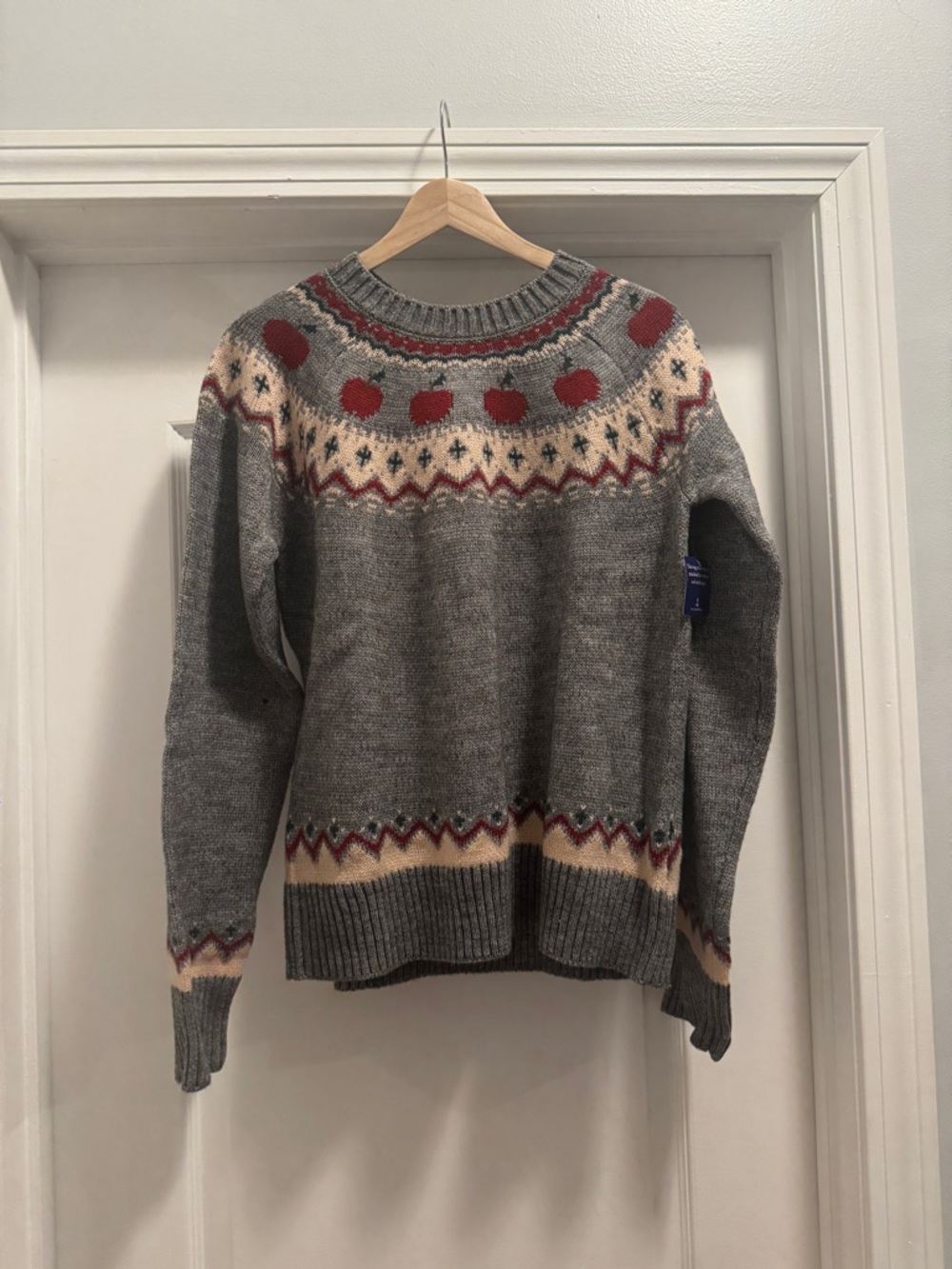 Kiel James Patrick Gray Fair Isle Crewneck Sweater with Red & Cream Accents